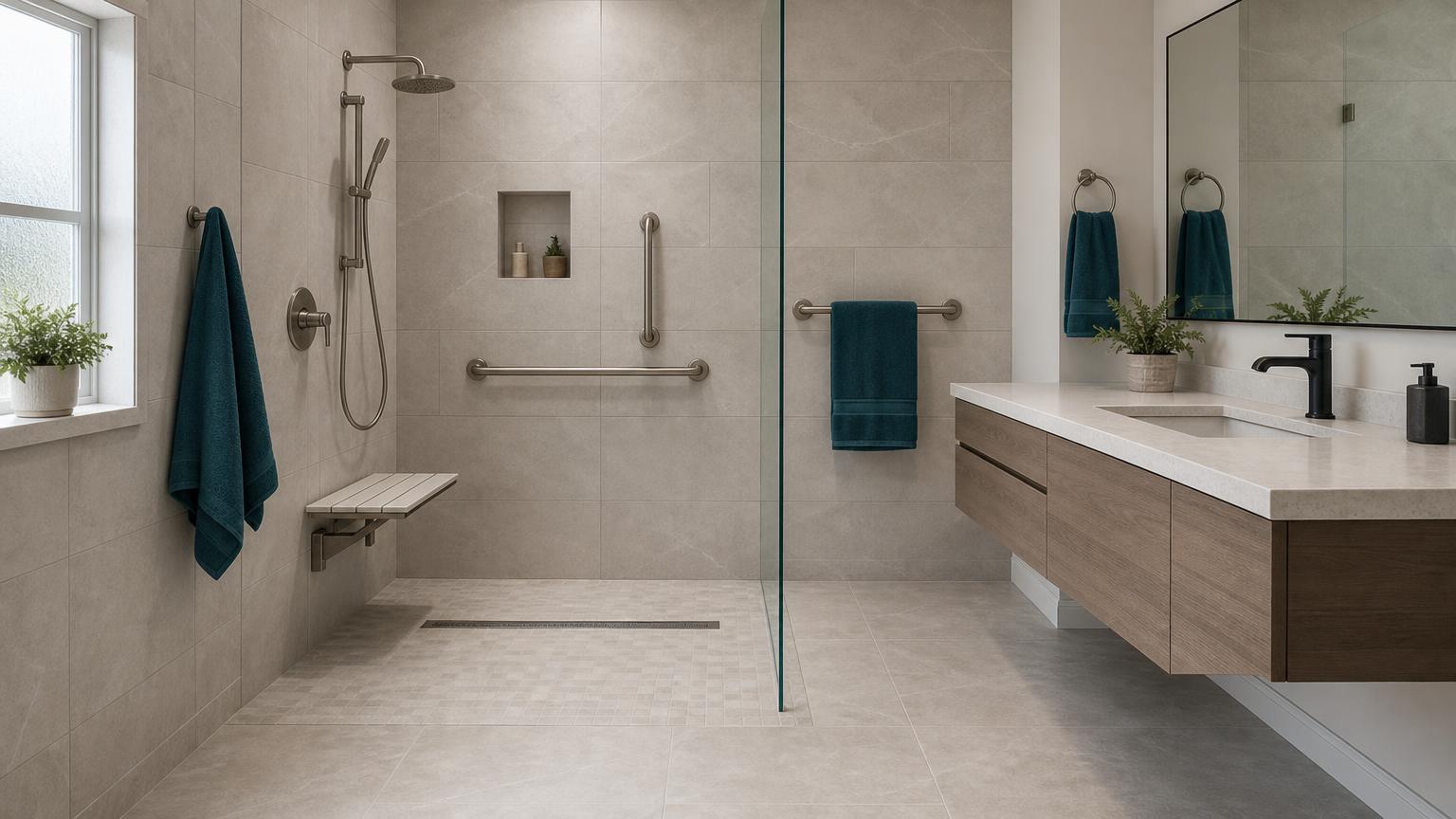 Accessible bathroom with a curbless low-threshold shower, grab bars, fold-down bench, linear drain and a quartz-top vanity
