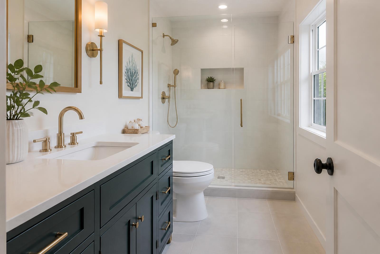 Guest bathroom with a tiled tub surround, wood vanity and matte black fixtures
