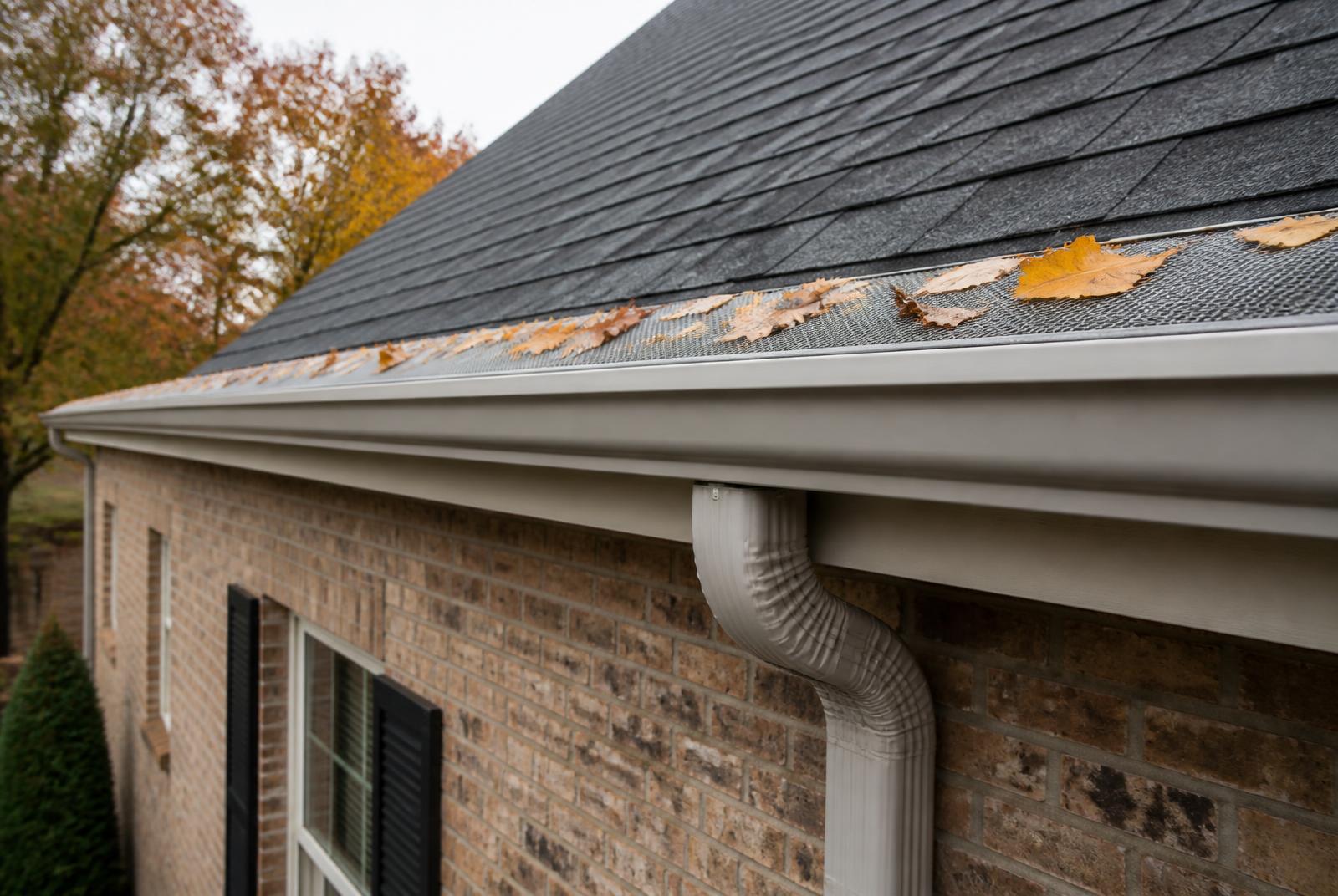 Roofline with new seamless gutters, downspout and leaf guard on a suburban home