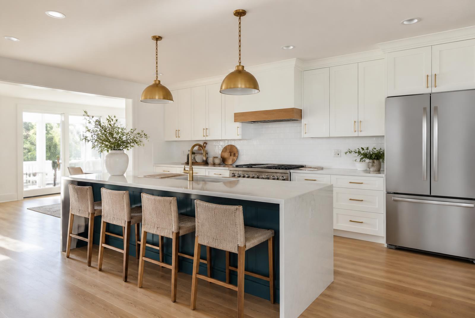 Kitchen with two-tone cabinets, tile backsplash and a peninsula with counter seating