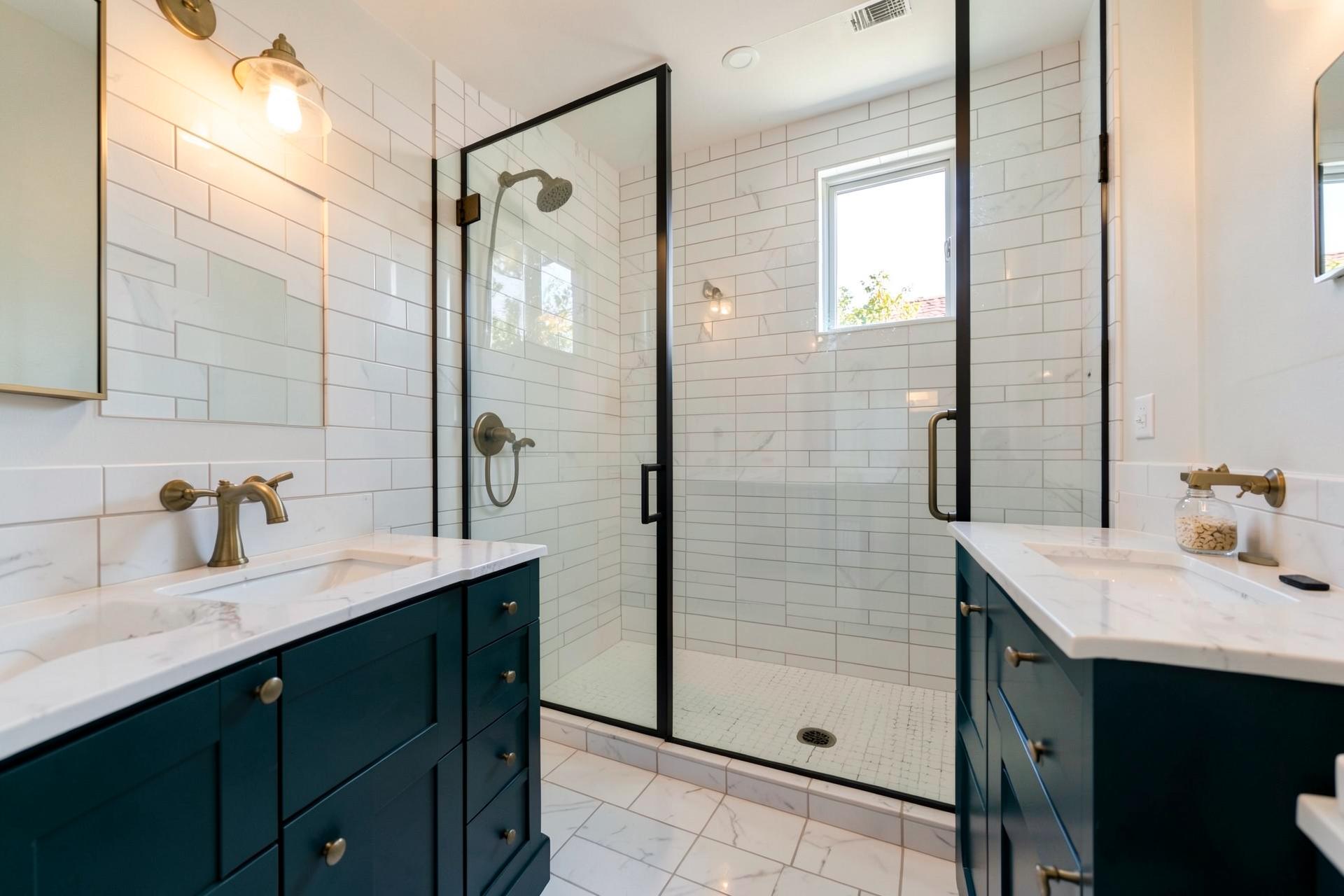 Completed bathroom remodel with white subway tile shower and teal vanity