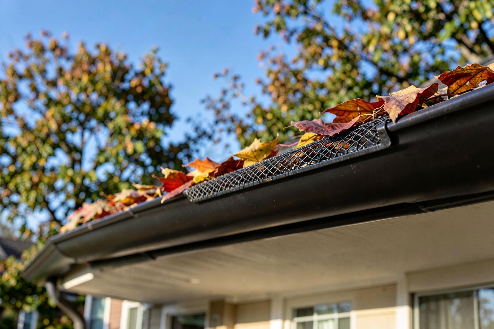 Micro-mesh gutter guard keeping autumn leaves out of a home's gutter
